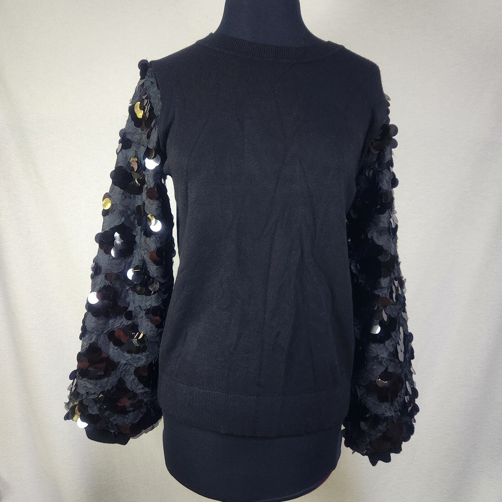 NWT Siani Milano Small Black Sweater‎ Accent Sleeves With Ribbon & Sequins